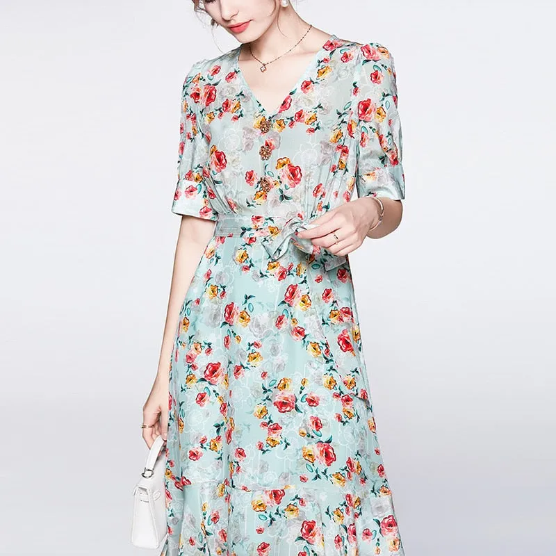 2023 Summer New in Women's Dress High-end Elegant Print Retro Female Casual Loose Dresses Sexy High Waist Women's Party Dress