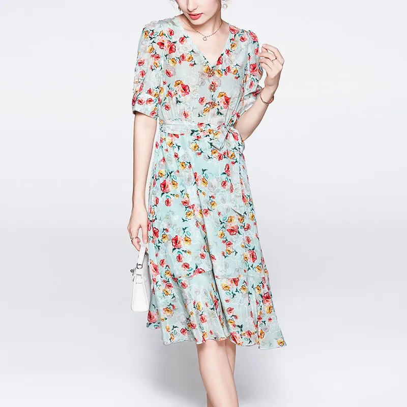 2023 Summer New in Women's Dress High-end Elegant Print Retro Female Casual Loose Dresses Sexy High Waist Women's Party Dress