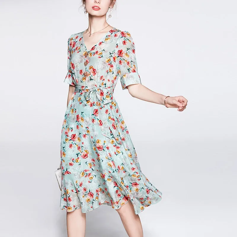 2023 Summer New in Women's Dress High-end Elegant Print Retro Female Casual Loose Dresses Sexy High Waist Women's Party Dress