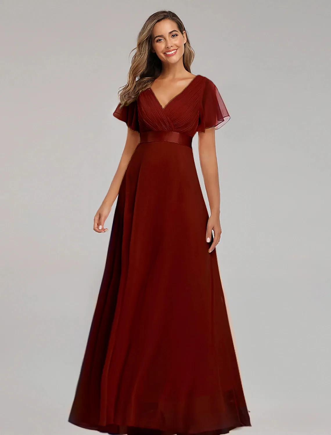 A-Line Prom Dresses Maxi Dress Fall Wedding Guest Dress For Bridesmaid Floor Length Short Sleeve V Neck Chiffon V Back with Ruched Ruffles