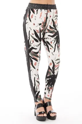 Abstract Print Trousers with Wet Look Detail