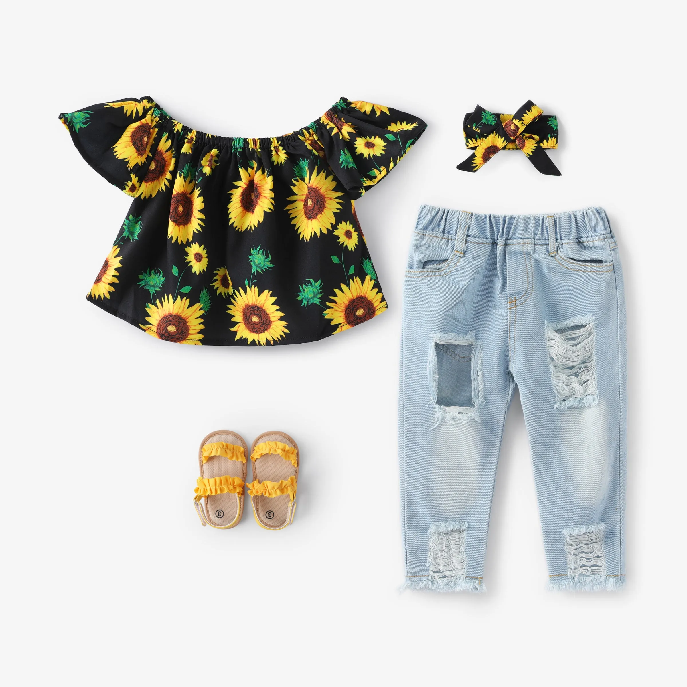 Baby Girl 3pcs Sweet Off-Shoulder Tee and Denim Jeans and Heandband Set