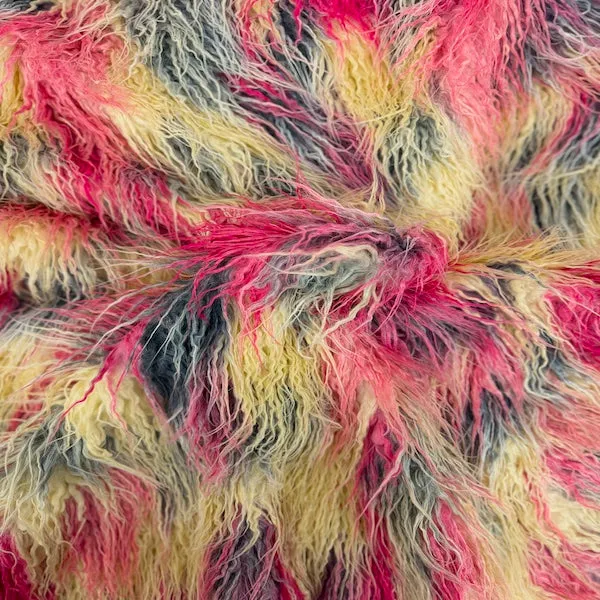 Beige Multicolor Curly Long Pile Faux Fur Fabric