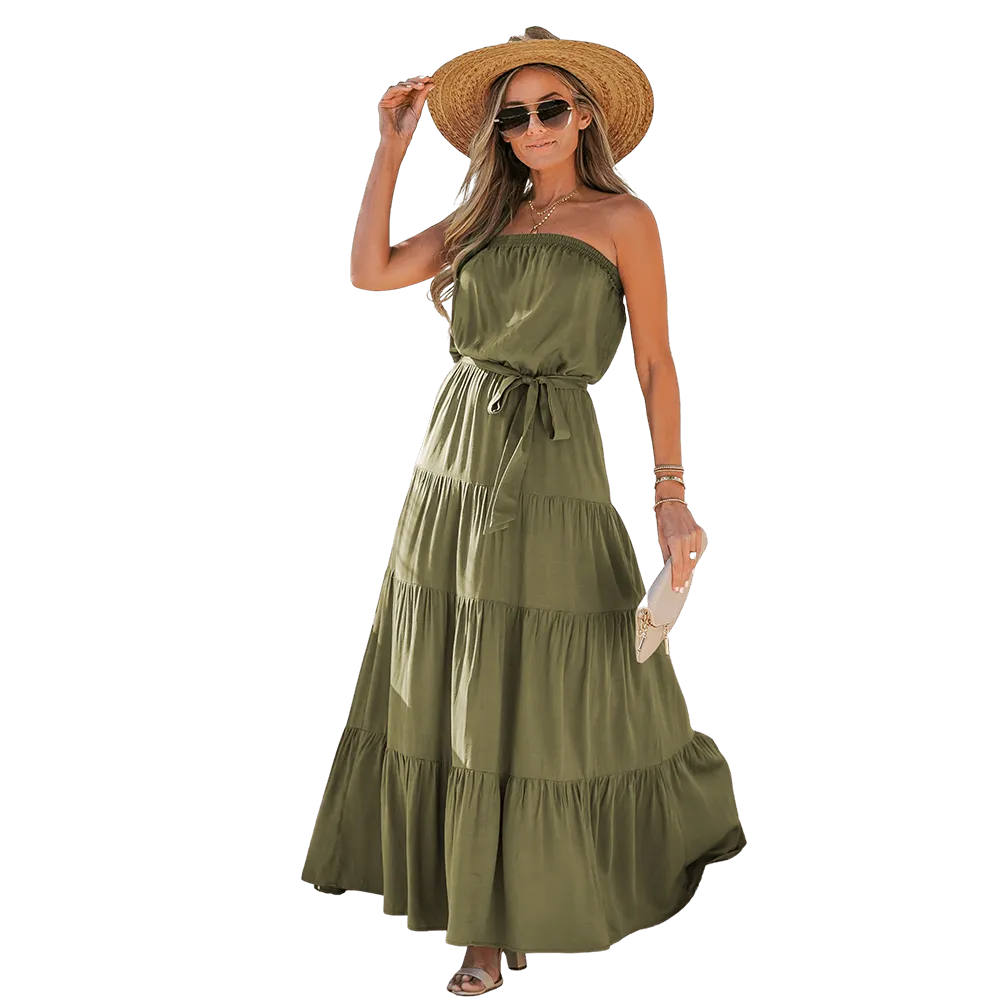 Belted A-Line Strapless Tiered Maxi Dress