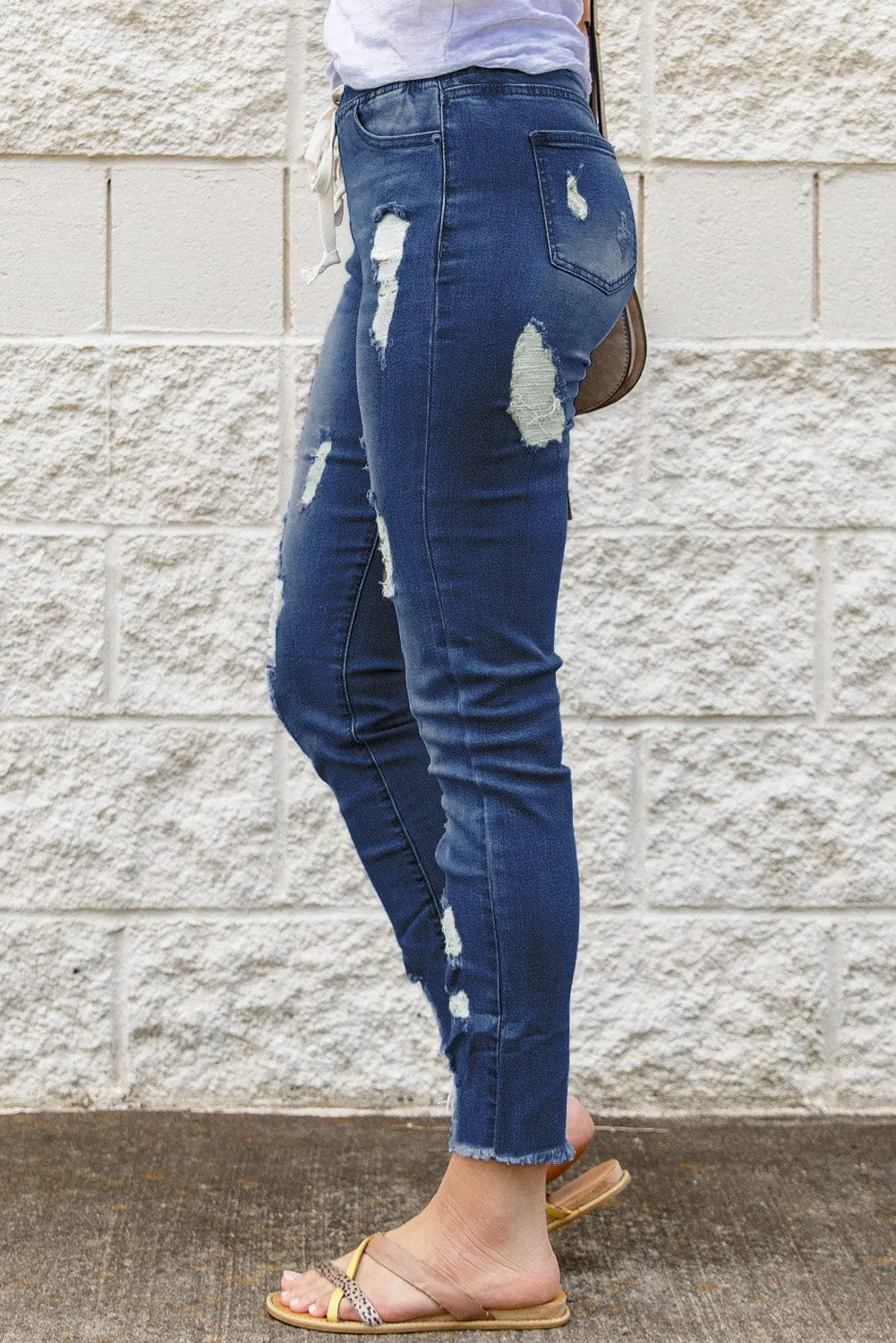 Blue Distressed Drawstring Waist Skinny Jeans