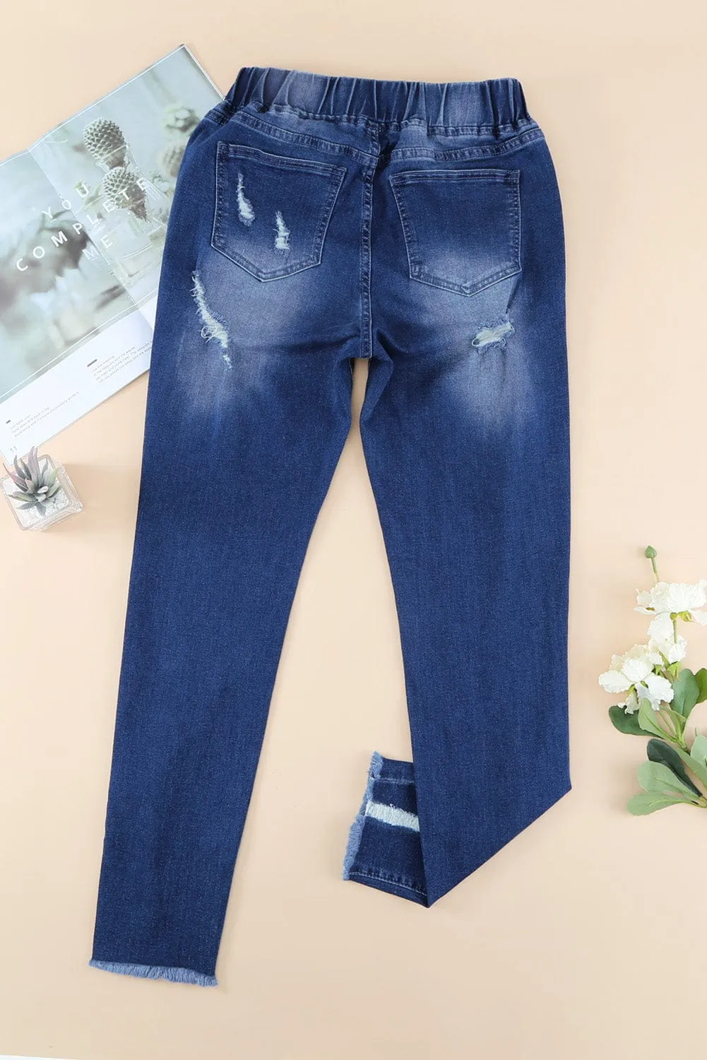 Blue Distressed Drawstring Waist Skinny Jeans