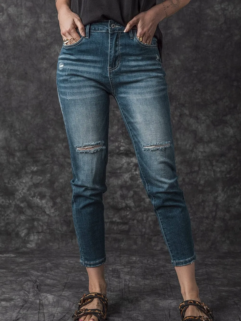 Blue Distressed Ripped Skinny Jeans - Fashionable Distressed Blue Skinny Jeans