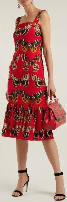 Butterfly-Print Midi Dress, Red