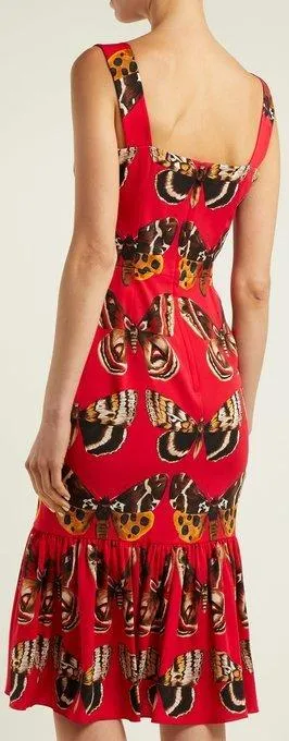 Butterfly-Print Midi Dress, Red