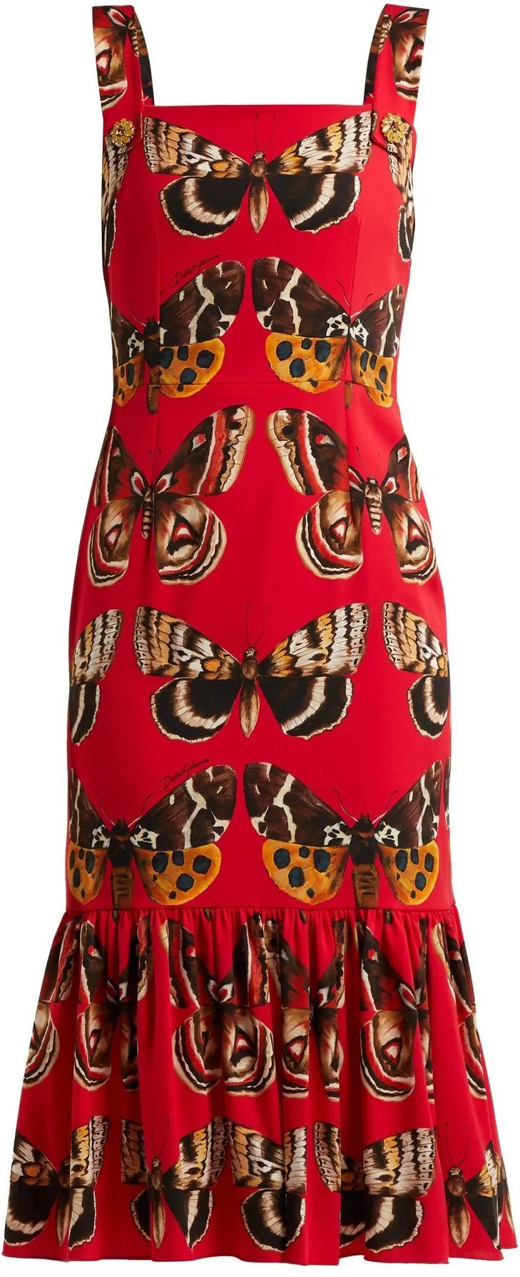 Butterfly-Print Midi Dress, Red