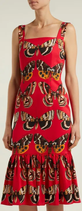 Butterfly-Print Midi Dress, Red