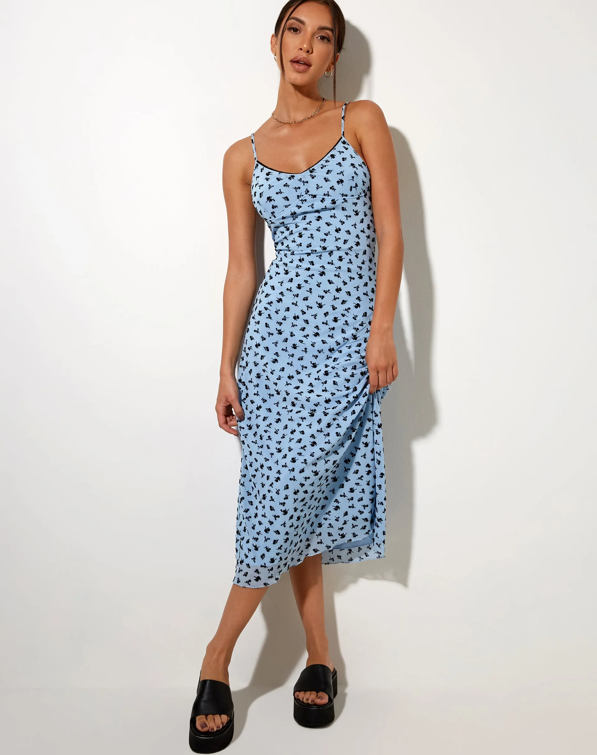 Cotina Midi Dress in Blue Flower Buds Black Flock