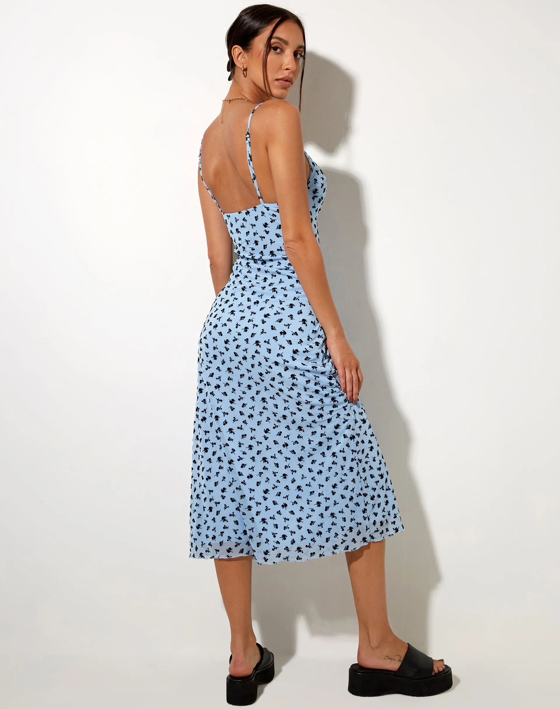 Cotina Midi Dress in Blue Flower Buds Black Flock