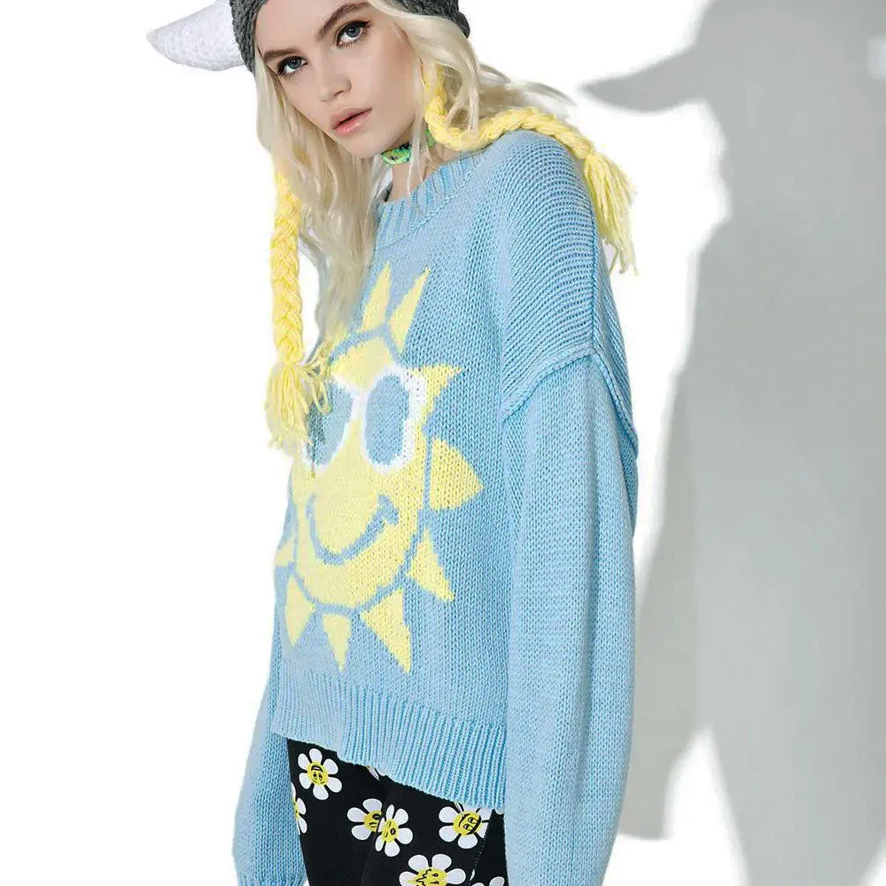 Cute Blue Sun Pattern Crew Neck Drop Shoulder Pullover Sweater