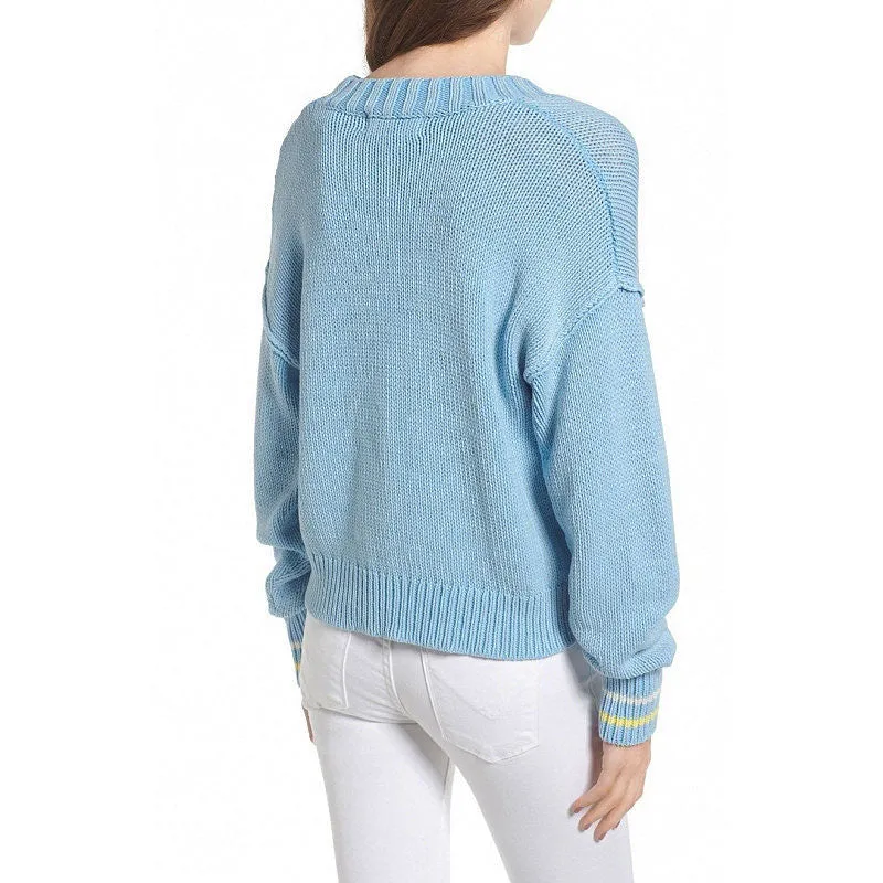 Cute Blue Sun Pattern Crew Neck Drop Shoulder Pullover Sweater