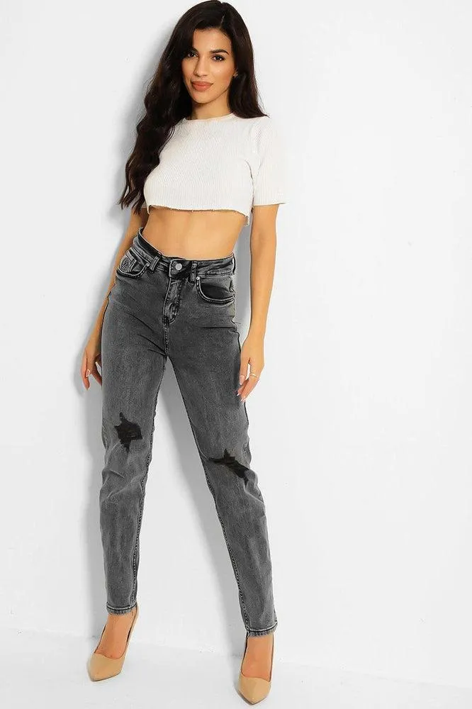 Dark Grey Ripped Knees High Waist Taper Jeans