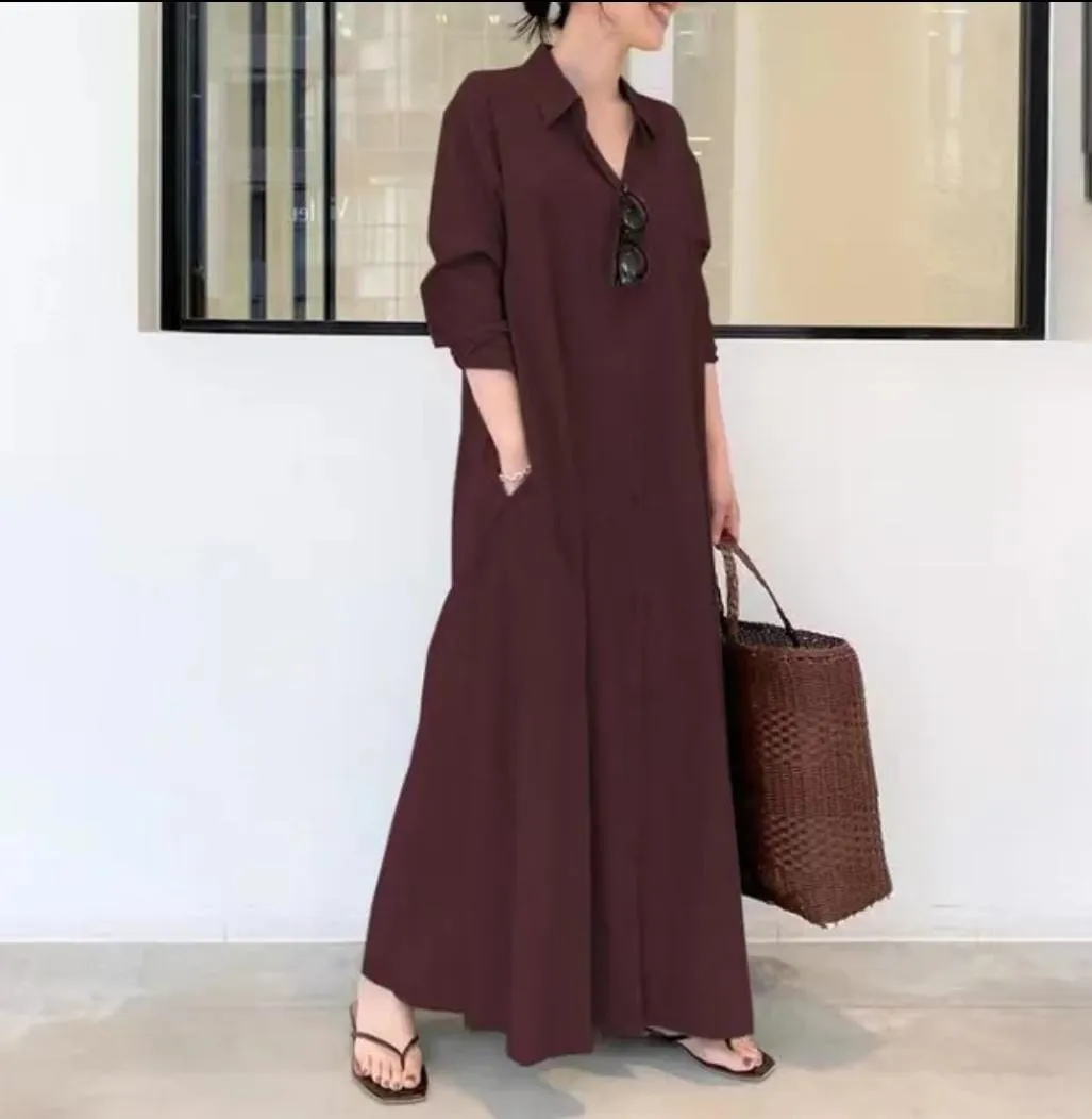 Fashion Women Dress Summer Casual Dresses Linen Vintage Maxi Casual Ladies Shirt Dresses B-15696