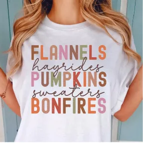 Flannels Hayrides Pumpkins Sweaters & Bonfires Graphic Tshirt