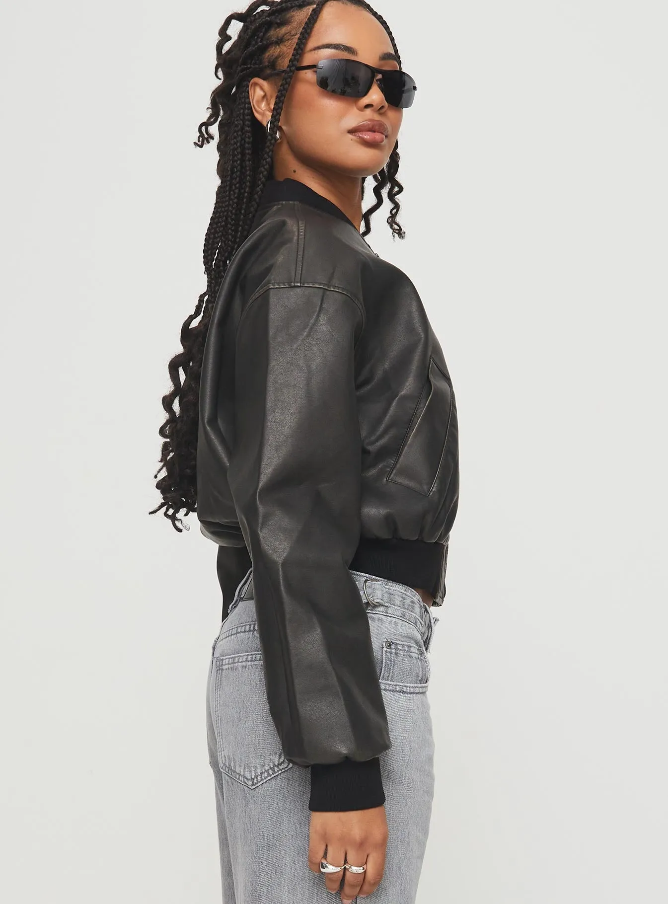 Flaxie Faux Leather Bomber Jacket Black