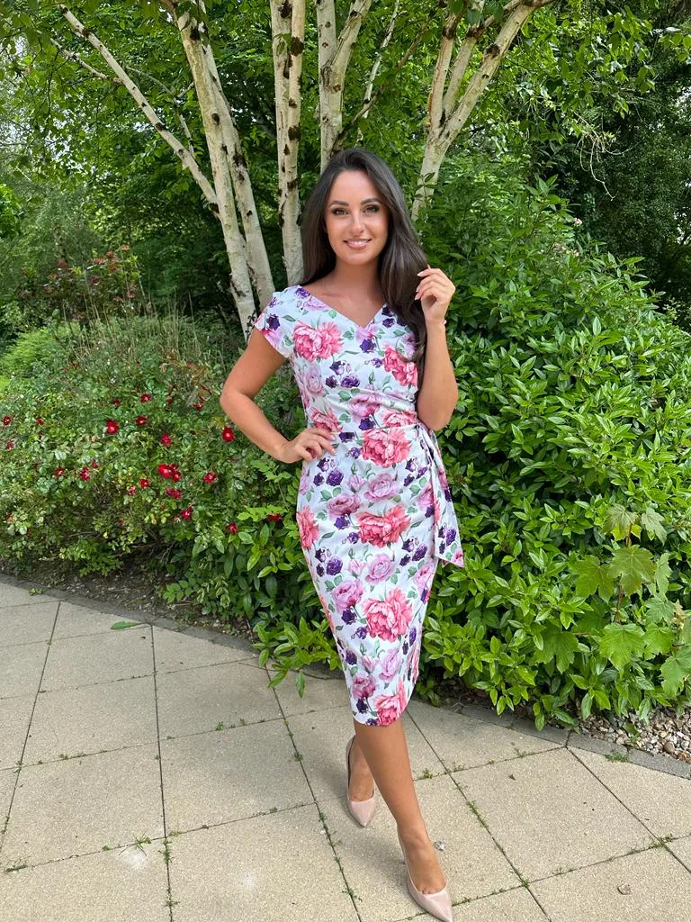 Floral Hourglass Midi Wedding Guest Dress