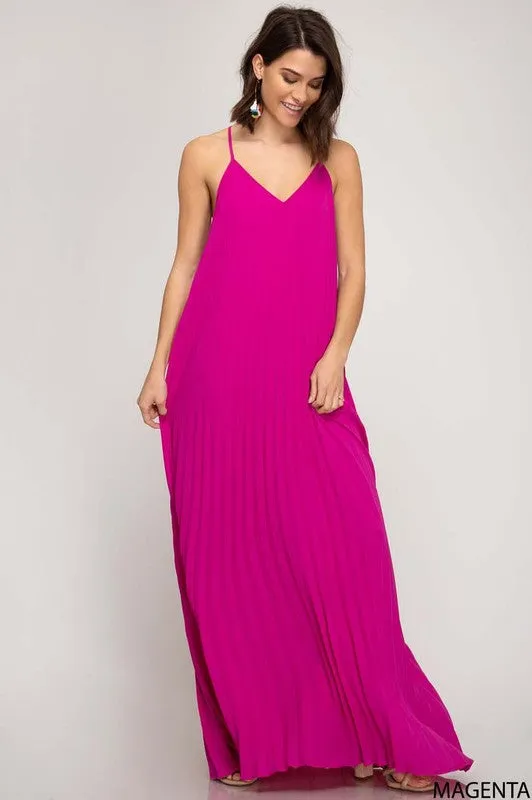 Fuchsia Pleated Woven Maxi Dress