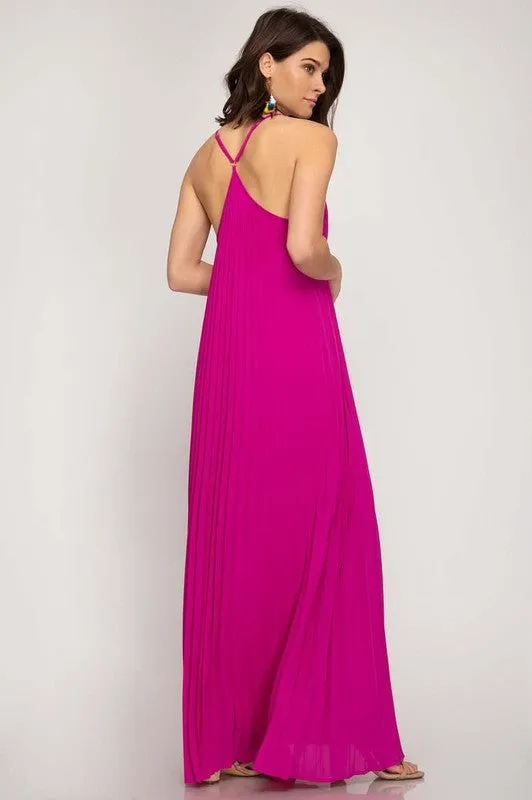 Fuchsia Pleated Woven Maxi Dress