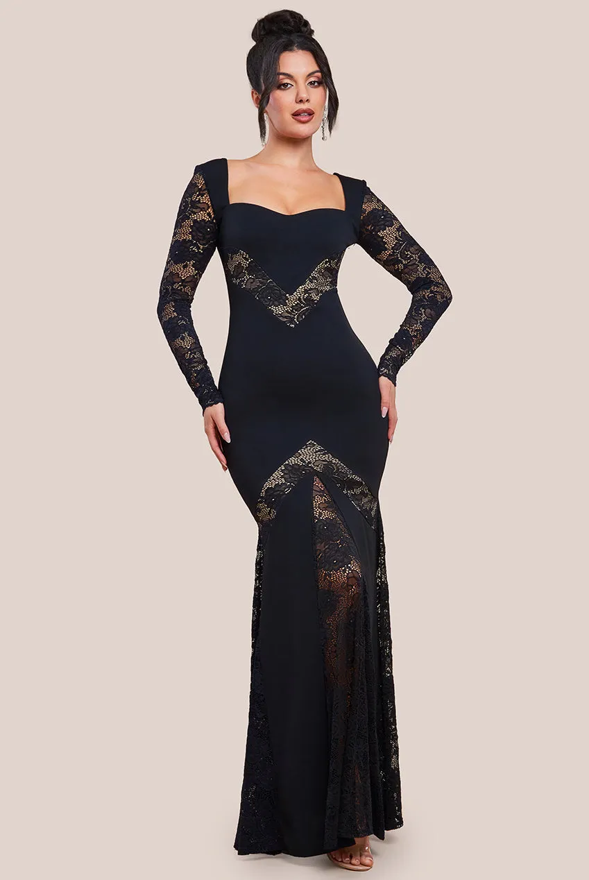 Goddiva Scuba & Lace Long Sleeve Maxi Dress - Black