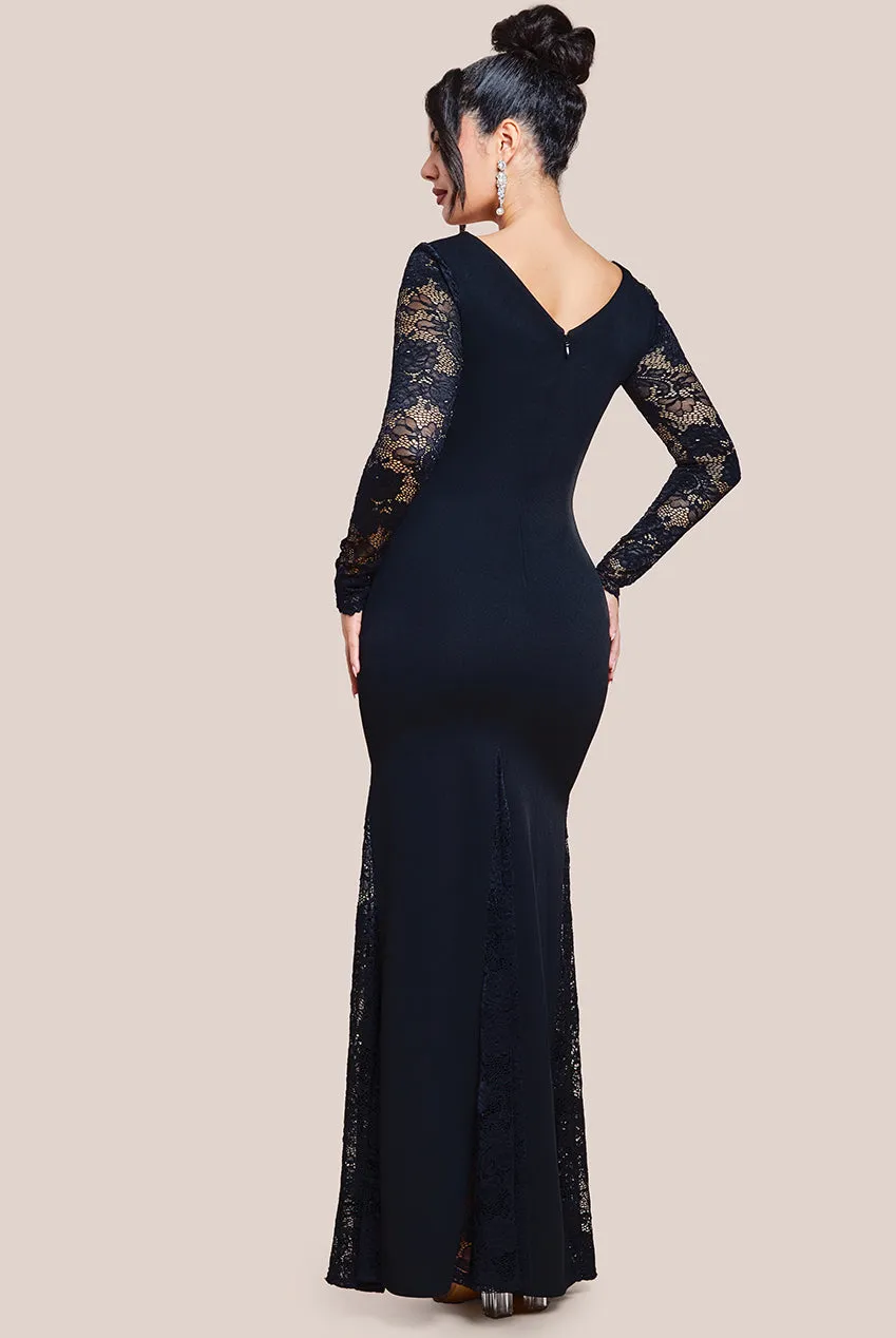 Goddiva Scuba & Lace Long Sleeve Maxi Dress - Black