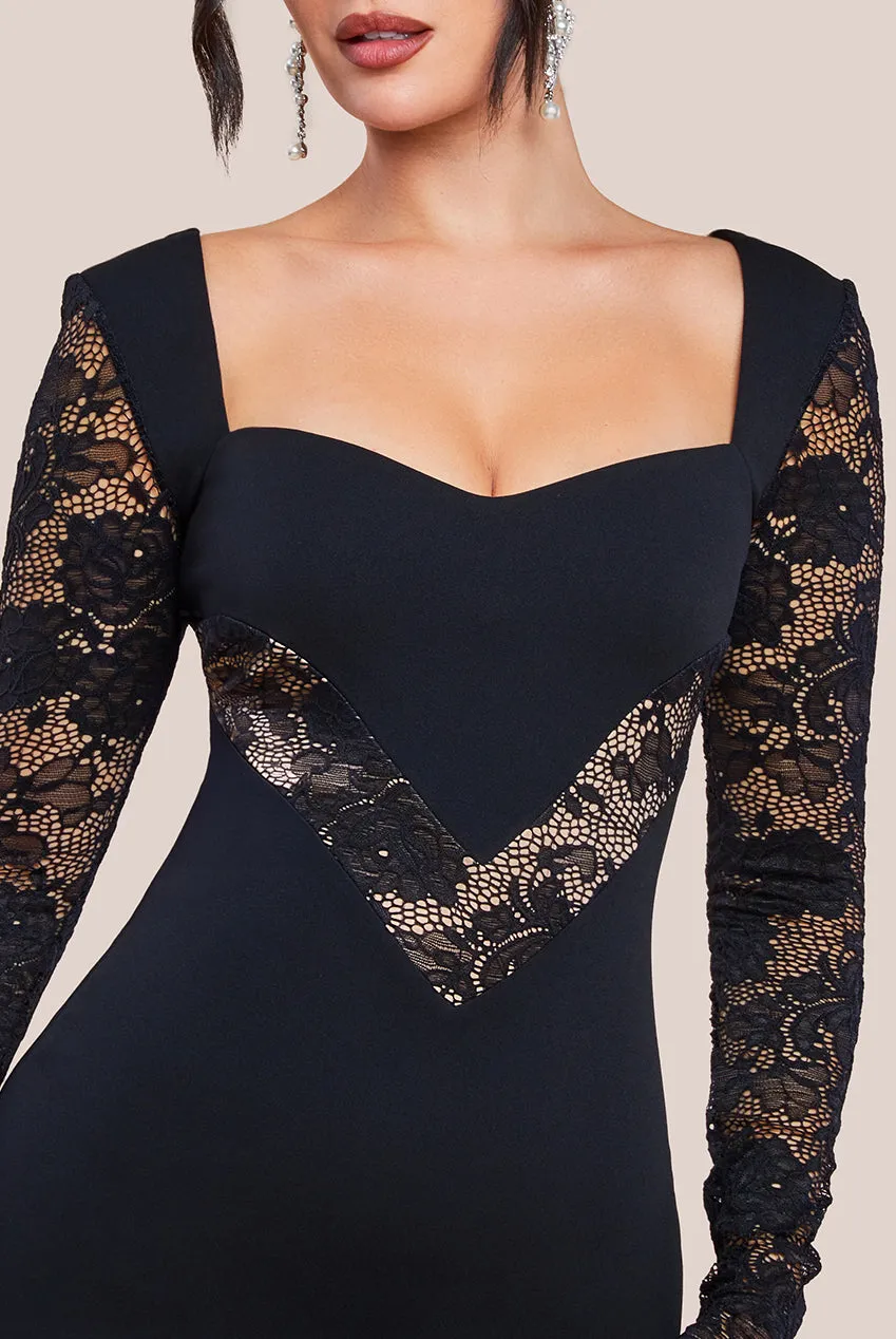 Goddiva Scuba & Lace Long Sleeve Maxi Dress - Black