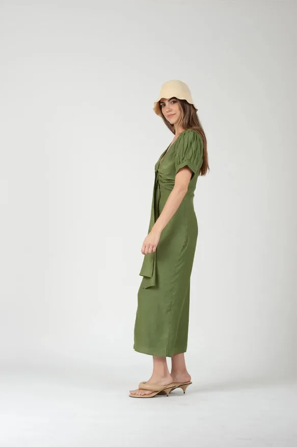 Grecian Puff Sleeve Midi Dress-Grass