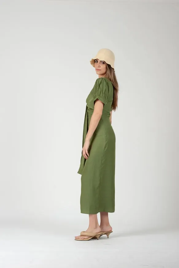 Grecian Puff Sleeve Midi Dress-Grass