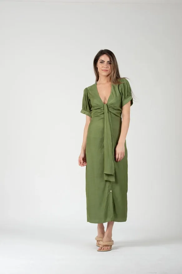 Grecian Puff Sleeve Midi Dress-Grass