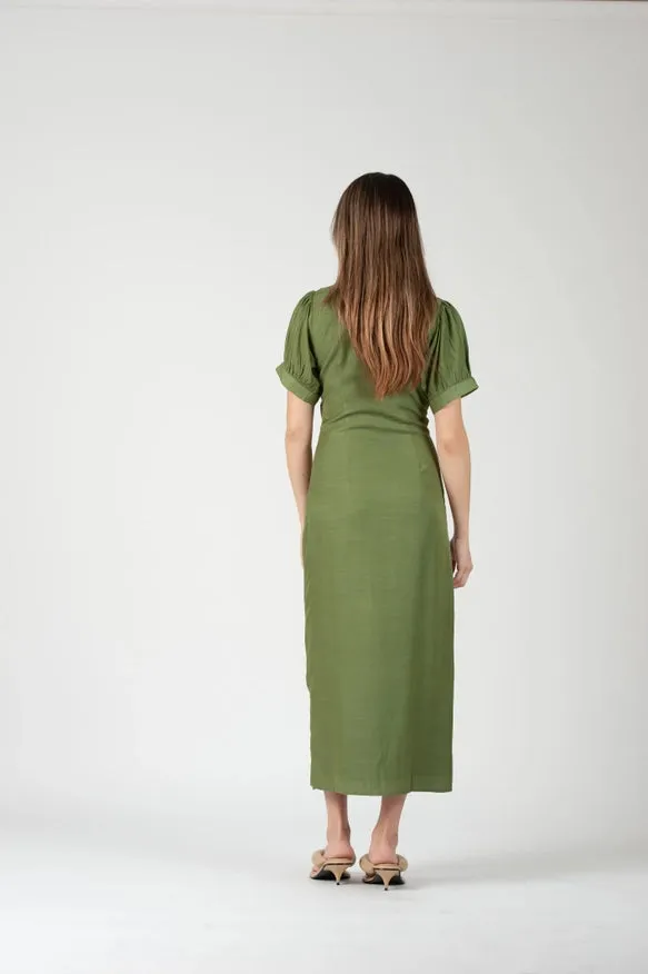 Grecian Puff Sleeve Midi Dress-Grass