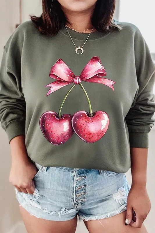 Heart Cherries With Bow Graphic Fleece Sweatshirt