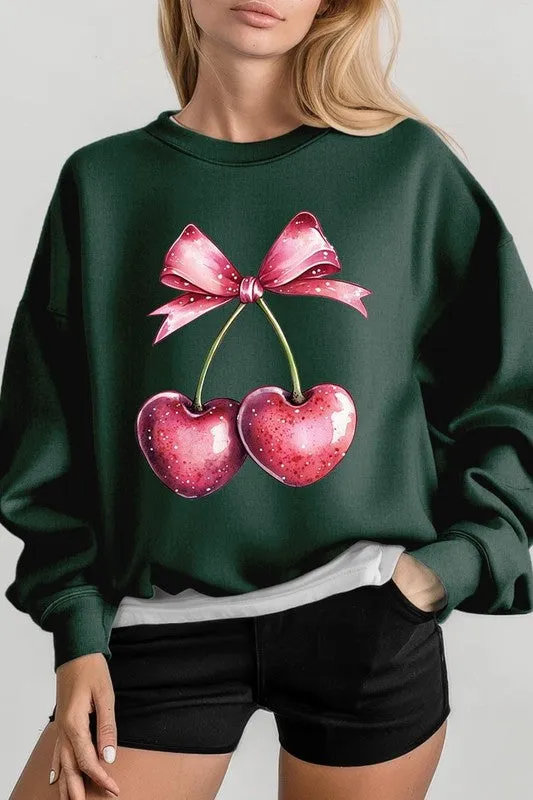 Heart Cherries With Bow Graphic Fleece Sweatshirt