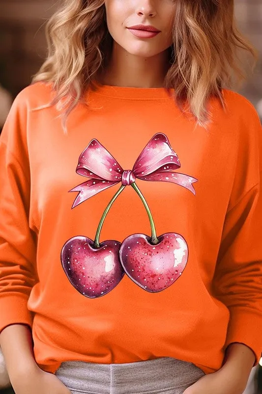 Heart Cherries With Bow Graphic Fleece Sweatshirt