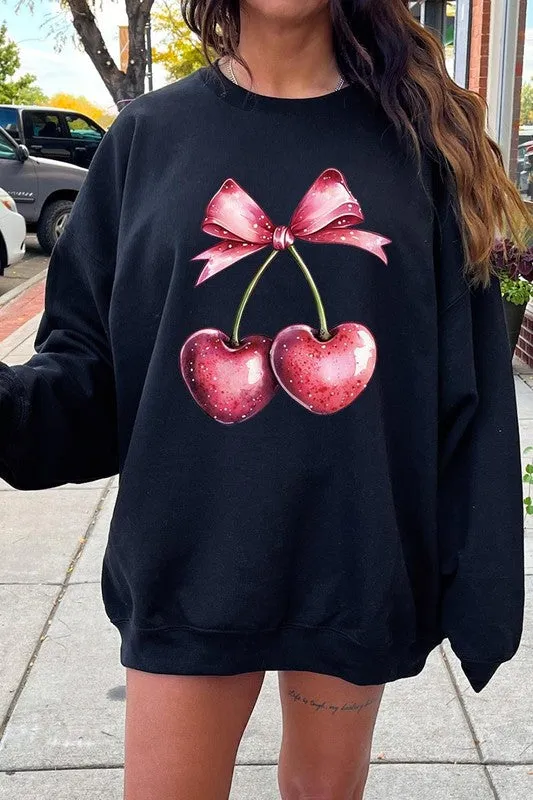 Heart Cherries With Bow Graphic Fleece Sweatshirt