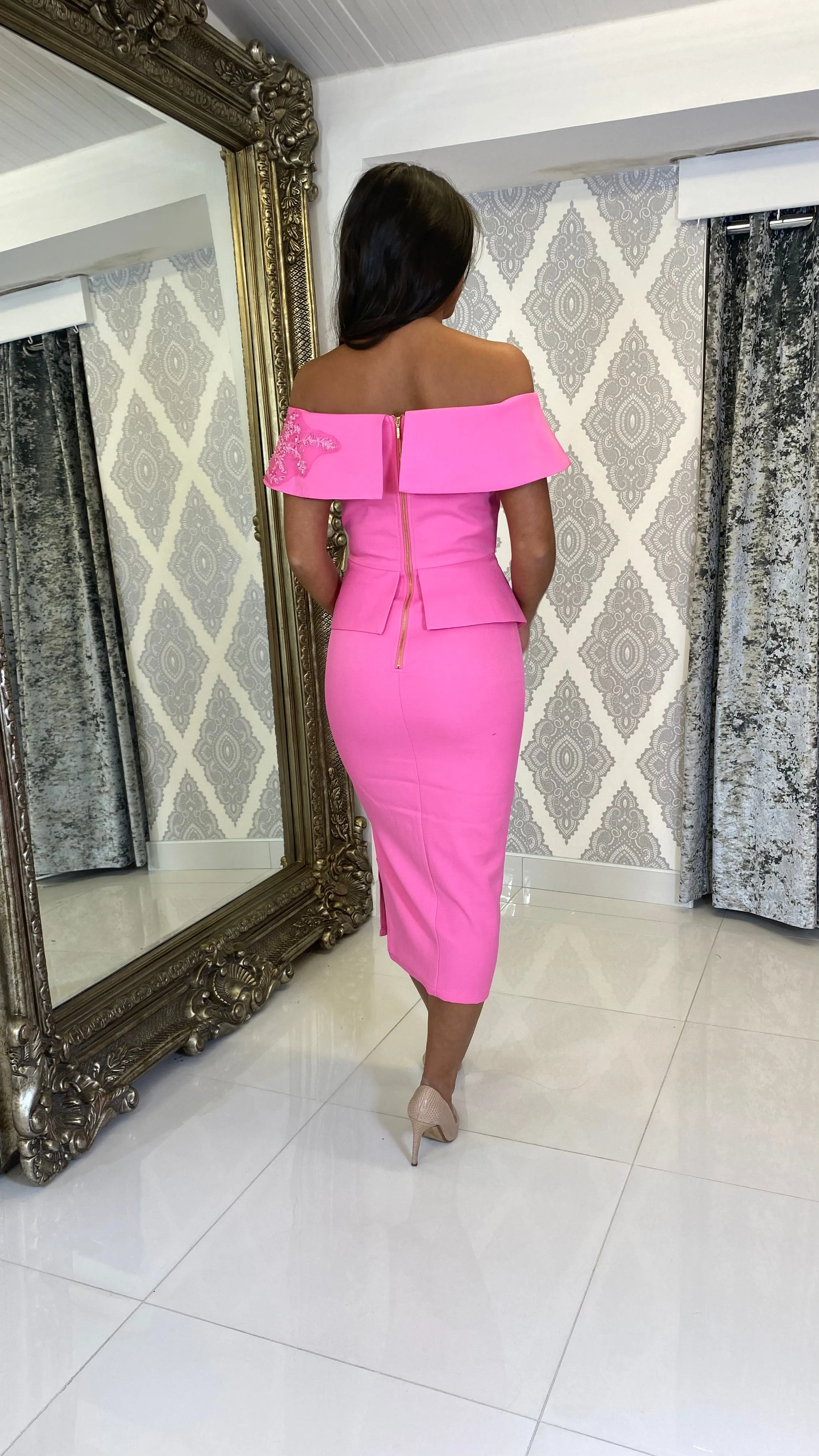 Hot Pink Bardot Peplum Pencil Wedding Guest Dress