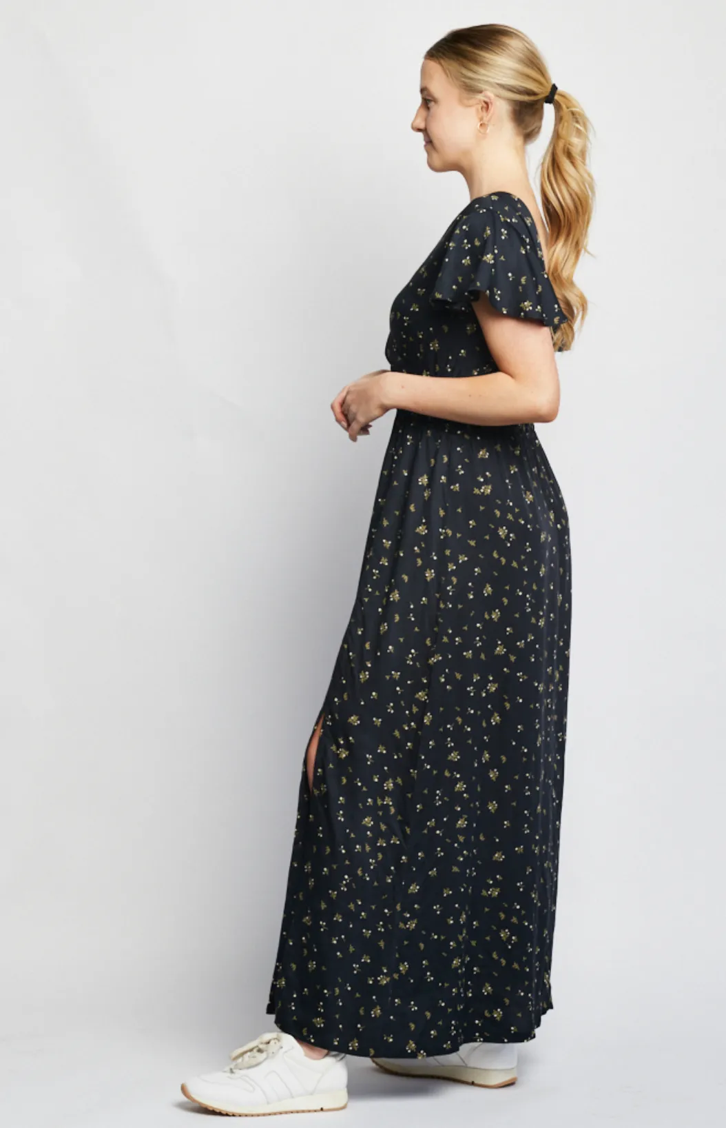 Isabella Smocked Maxi Dress in Black Scattered Rose