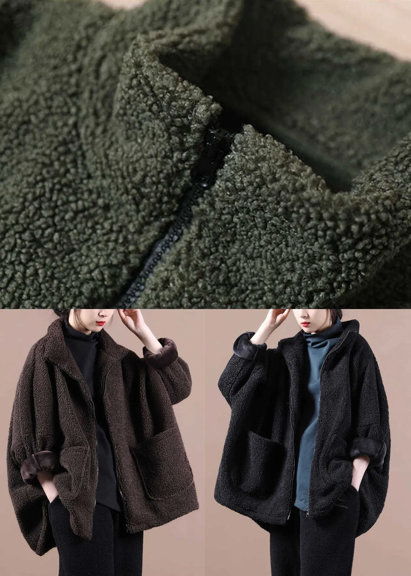 Italian Army Green Oversized Zippered Teddy Faux Fur Coat Winter