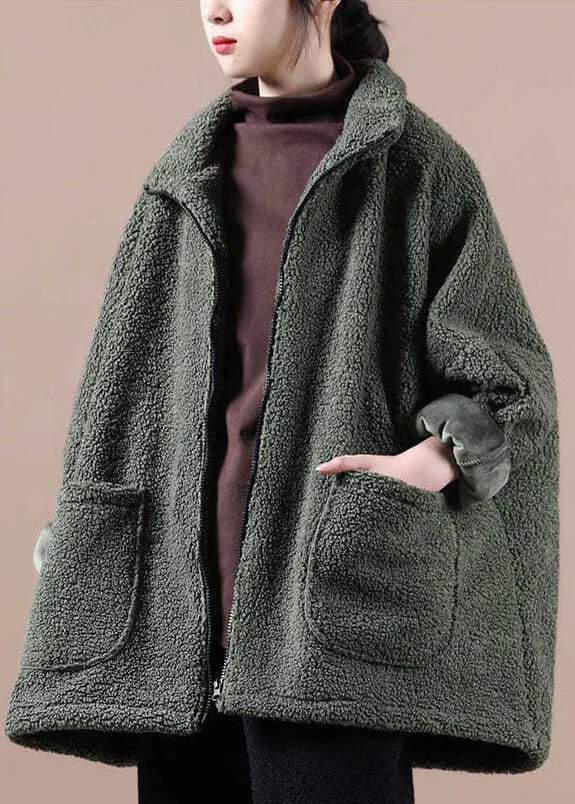 Italian Army Green Oversized Zippered Teddy Faux Fur Coat Winter