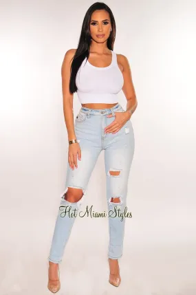 Light Wash Denim Ripped High Waist Jeans