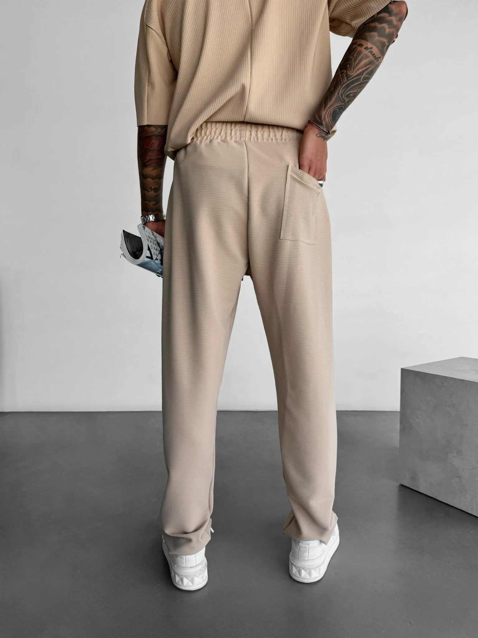 Loose Fit Lines Trousers - Beige