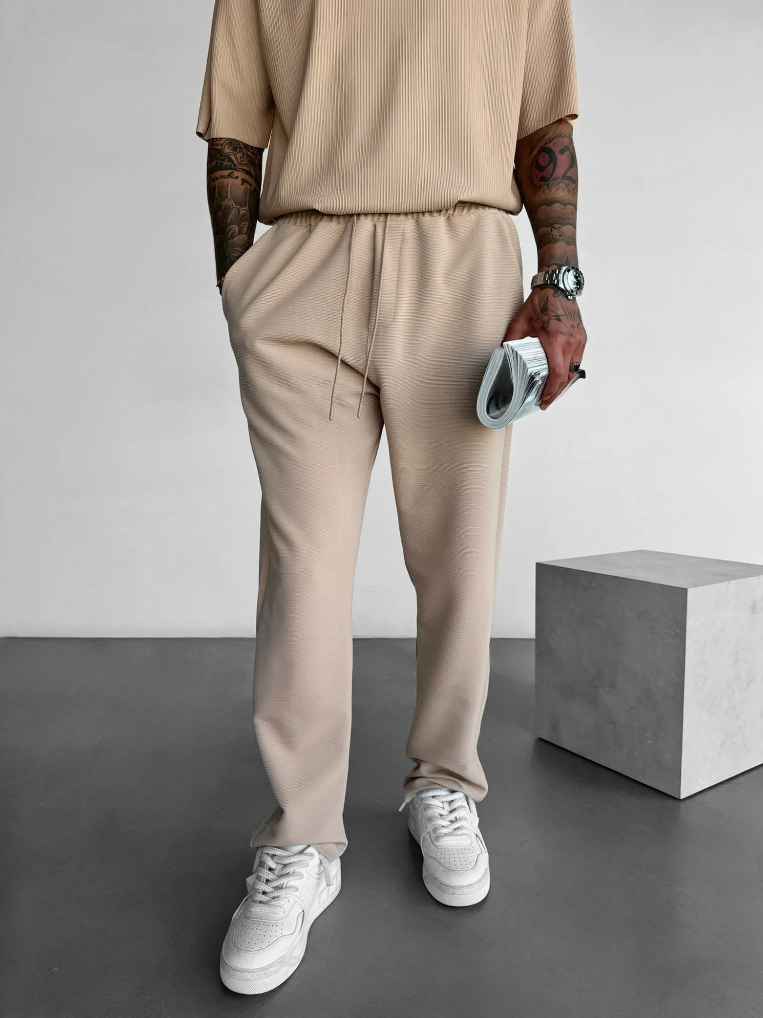 Loose Fit Lines Trousers - Beige