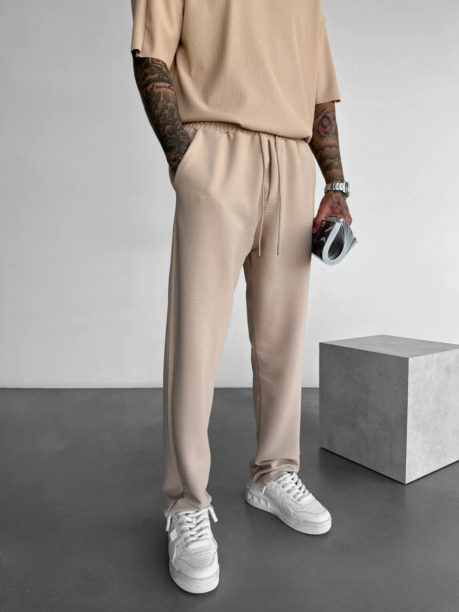 Loose Fit Lines Trousers - Beige