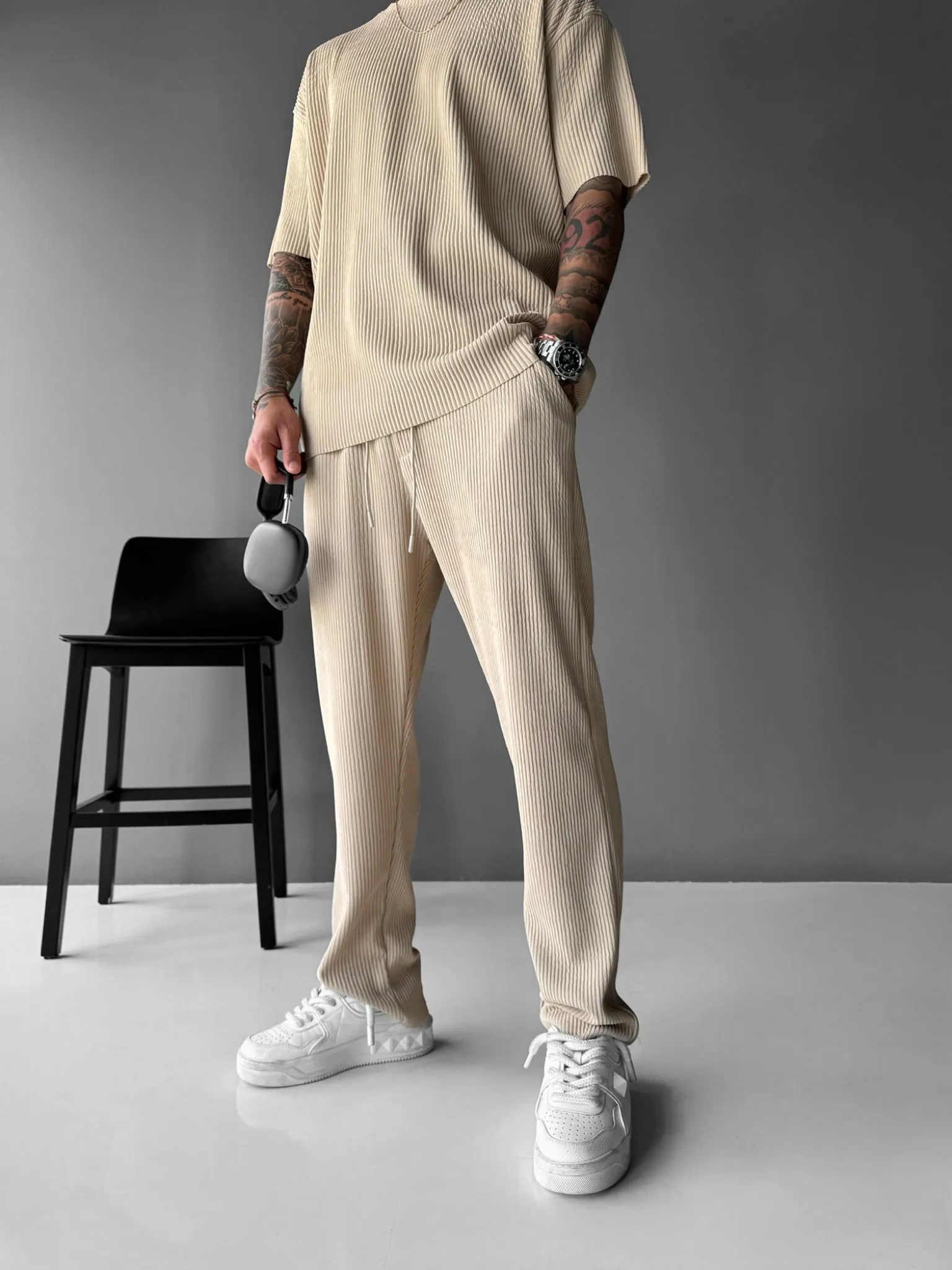 Loose Fit Ribbed Trousers - Beige