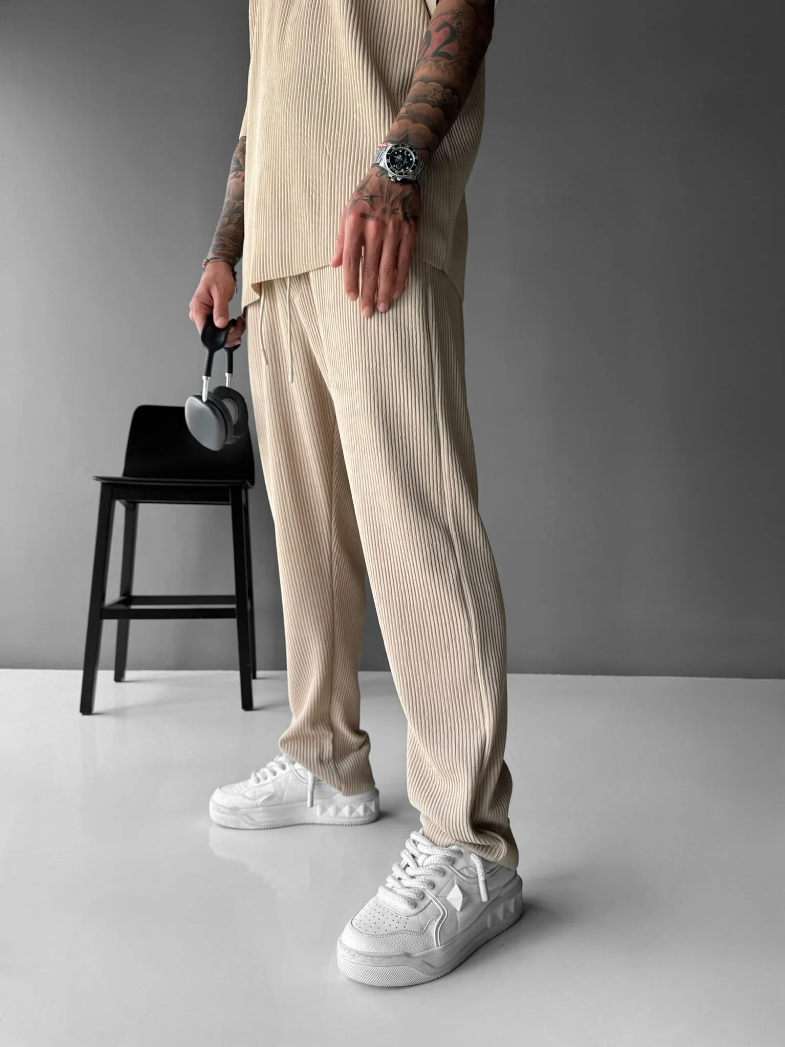 Loose Fit Ribbed Trousers - Beige