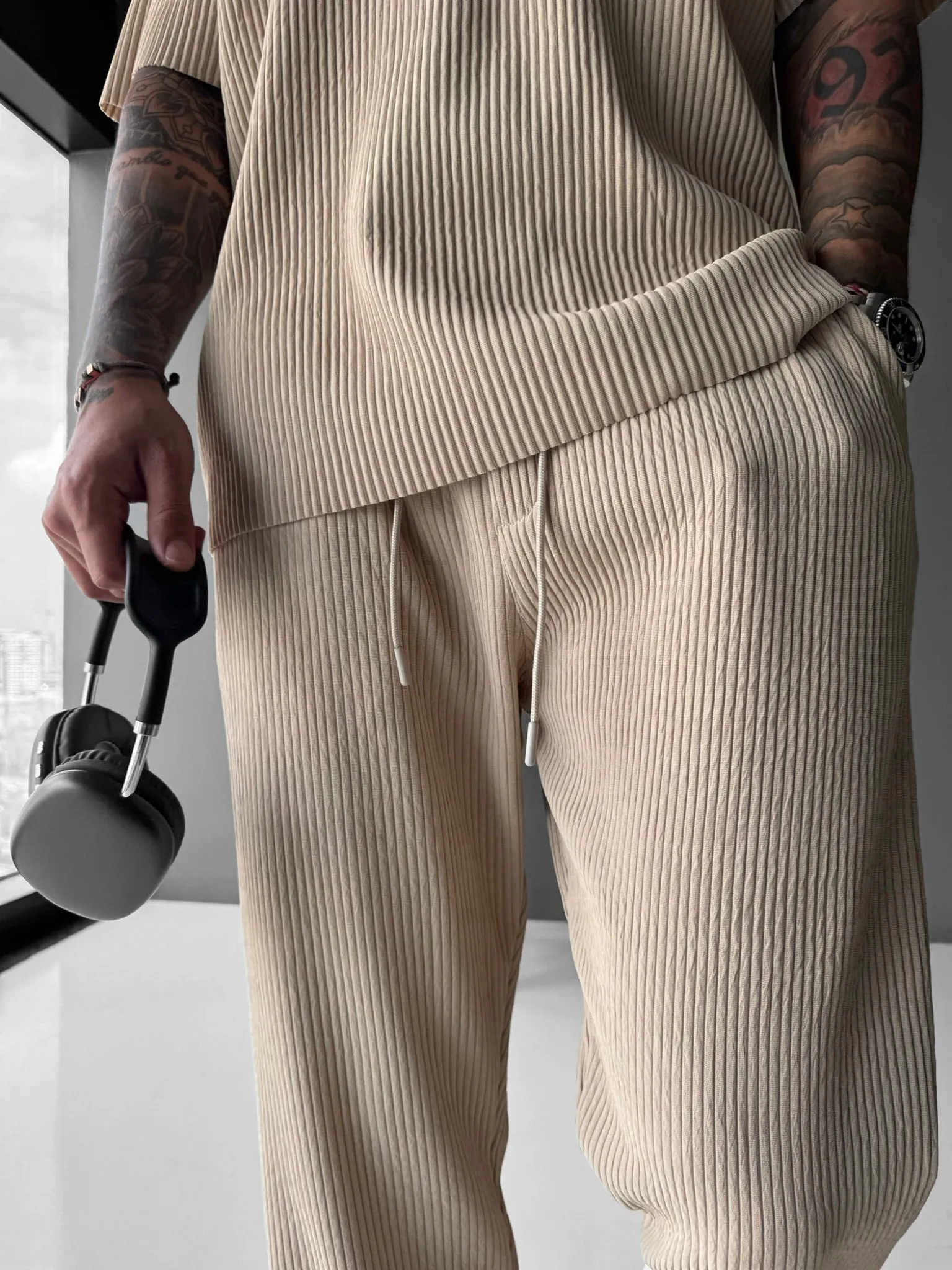 Loose Fit Ribbed Trousers - Beige