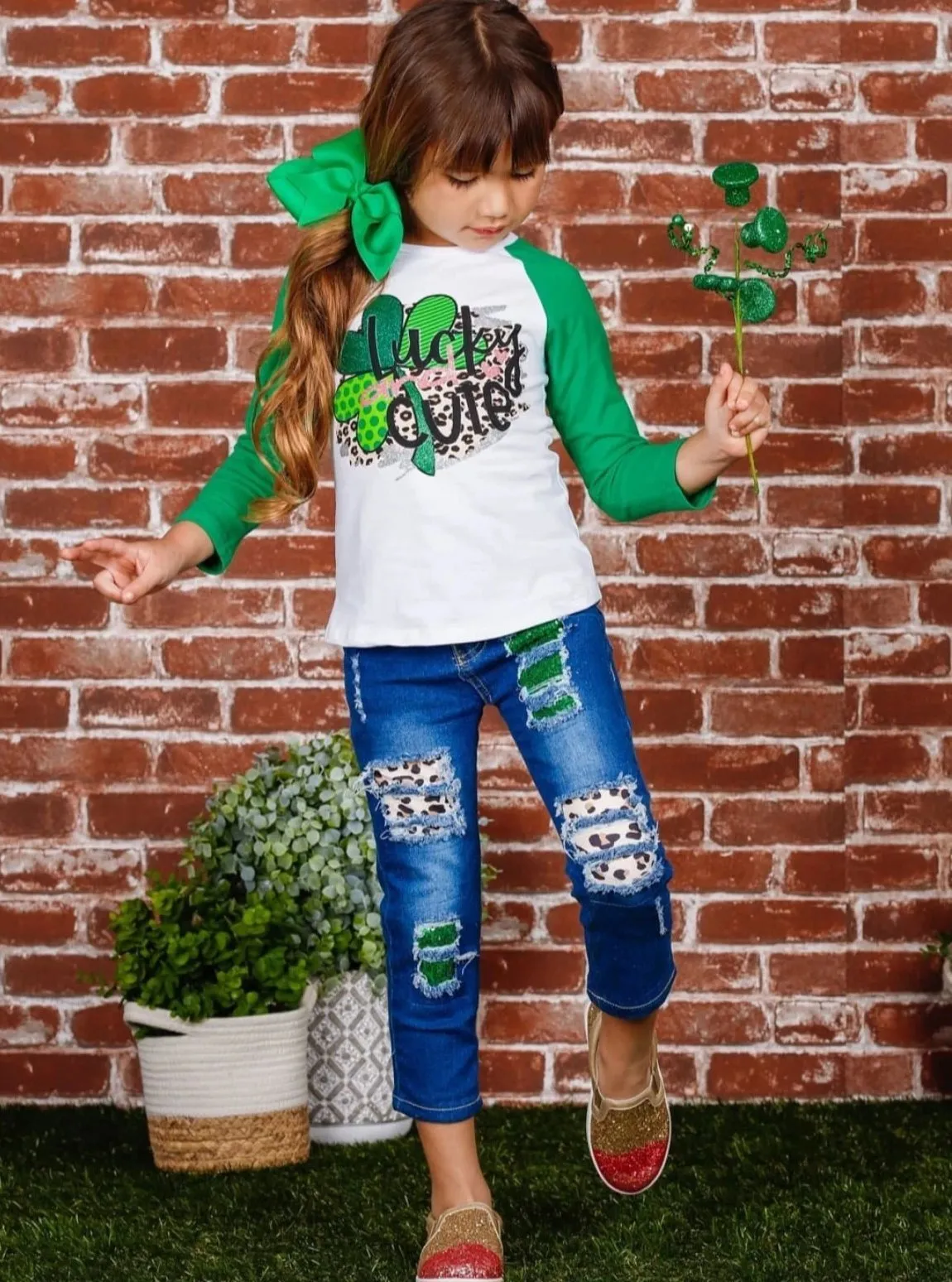 Lucky and Cute Glitter Patched Jeans Set