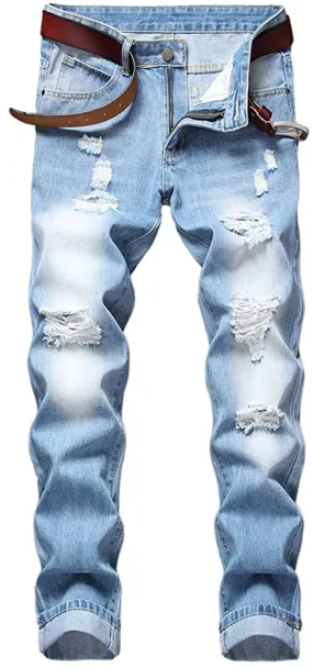 Men's Azure Blue Ripped Jeans Slim Fit Denim Pants